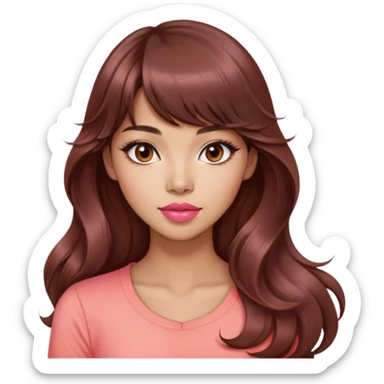 gorgeous woman, light tan skin, dark brown eyes, very long wavy auburn hair, bangs, pink top, coral lipstick, cool, model, mixed asian and latina sticker