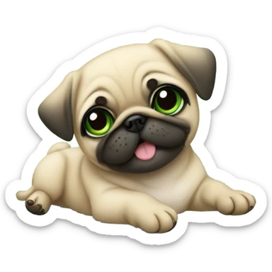 Cute Baby pug with big green eyes happy  lying down  sticker