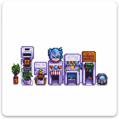 Wide pixel art background of a dark Gotham City street. Empty road with sidewalk, flickering lamppost casting light, trash bins nearby, distant shadowy silhouettes. Tall buildings in the background, moody atmosphere, subtle rain or fog. sticker