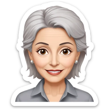 Older Puerto Rican actress Marian Pabón with elongated face, light pinkish skin, almond-shaped expressive eyes, straight nose, well-defined lips with wide smile, arched eyebrows, pronounced cheekbones, short spiky gray hair like a man's cut, more wrinkles, wearing a white buttoned shirt sticker