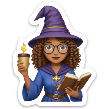 A Joyful Adult Female with Brown skin and Curly hair, wearing a Traditional outfit, a Wizard hat, Sunglasses, carrying a Spellbook, working as a farmer, while drinking Coffee and reading a Textbook. sticker