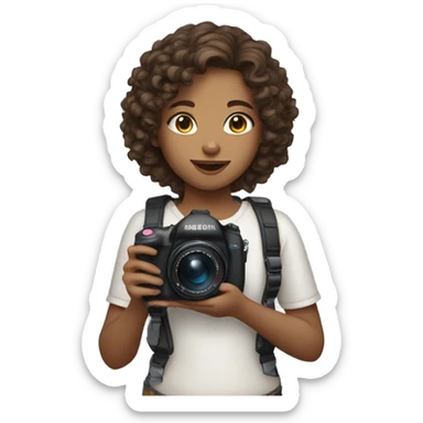 Girl with medium skin tone and brown curly hair holding a digital camera and blushing sticker