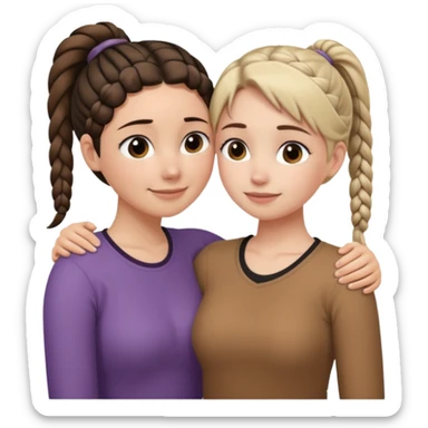 Comforting Hug two white skin women, one shorter woman with brown simple top ponytail, not braided, and one taller sad woman with a single long black side braid sticker