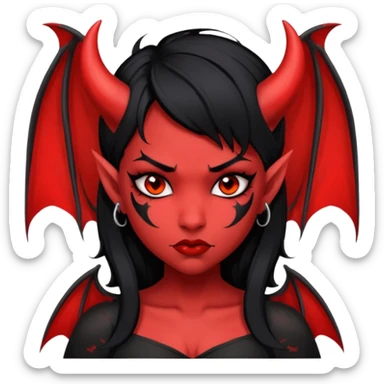 Demon girl: red skin, black hair, small horns, bat wing; tattoo-flash comic style; red/black palette; bold outlines; dark background; no text. sticker
