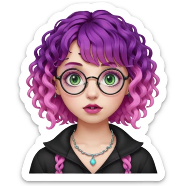 . Gothic girl with pink to violet ombré ringlet curly hair, bangs round glasses, septum piercing, nostril piercing, almond eyes, blueish green eyes,heavy eyeliner,  sticker