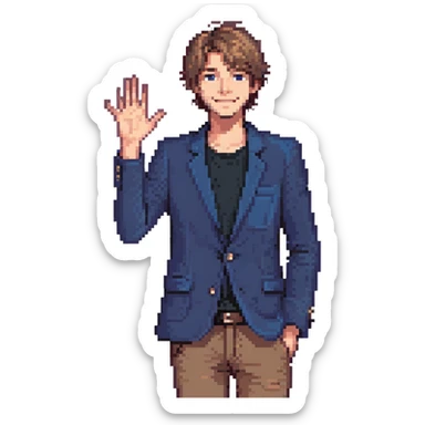 Flat pixel are, lively and clever male debater, fair skin, short messy light brown hair, sharp eyes with a mischievous smile, wearing indigo blazer over a casual t-shirt, one hand raised mid-gesture, waist-up, front-facing sticker