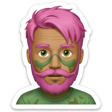 pink haired man with full full face dirty messy green clay mask and beard sticker