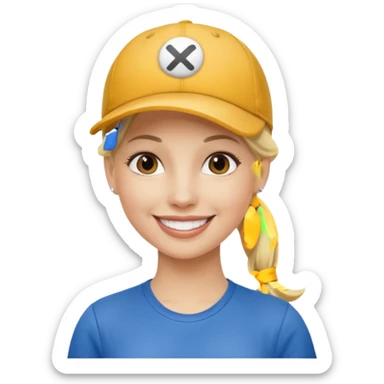 blond woman, pony tail, ball cap sticker
