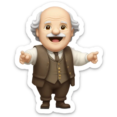 Short pudgy old man over enthusiastic happy excited face bald forehead long wavy gray and brown brunette long wavy hair moustache Shakespearean dress vintage clothes hamlet small arms sticker