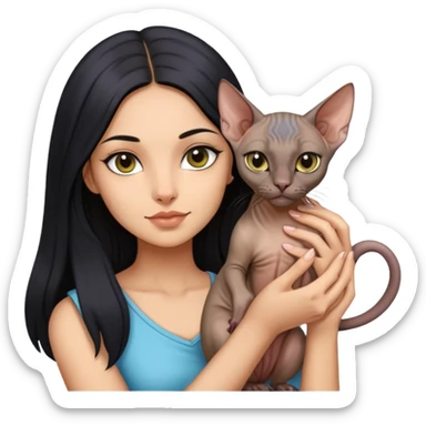 beautiful girl with long black hair holding a hairless sphinx cat sticker