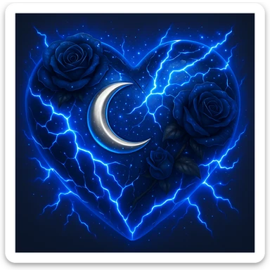 Add more neon blue lightning effects to the gothic heart made of deep blue glass, with silver crescent moon, blue-black roses, iridescent stardust, wet and splintered glass, in the style of 3D emoji style. sticker