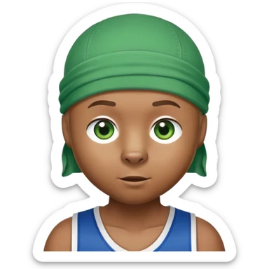 Brown bear with friendly expression and green eyes, white durag on head, blue basketball jersey visible up to shoulders, showing upper body, iOS emoji style sticker