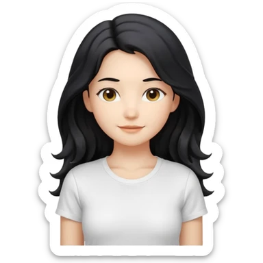 front-facing, chest-up portrait, symmetrical pose
long wavy black hair, glossy strands, slightly rounded volume, soft gentle smile, relaxed eyes, cute proportions
white T-shirt, minimal, pure white background, bright soft lighting, smooth plastic-like material, clean rende sticker