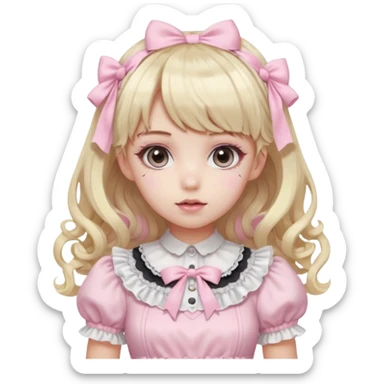 pale girl , who has curly medium length blonde and baby pink swirled hair with bangs , grey eyes , and doll like makeup , in a light pink lolita hime gyaru dress  sticker