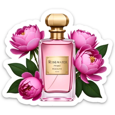 A delicate glass bottle of rosewater perfume with gold details beside lush pink peonies. Soft light enhances the romance, while a dark red velvet backdrop adds vintage glamour."
 sticker