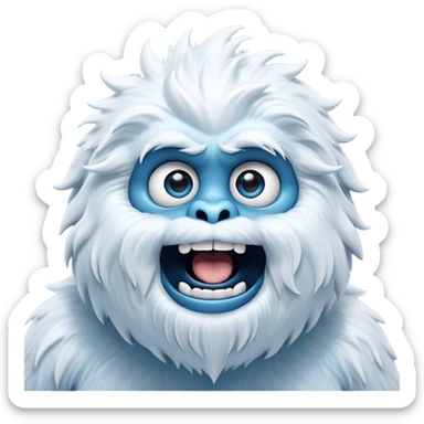 Cinematic Comical Yeti Portrait Emoji, with a cartoonishly exaggerated, fluffy figure in cool, frosty whites and icy blues, head tilted in an overly surprised expression with wide, comically sparkling eyes and a quirky, open-mouthed grin, simplified yet hilariously detailed, glowing with a soft frosty outline capturing the meme-worthy fun of a yeti in playful shock! sticker