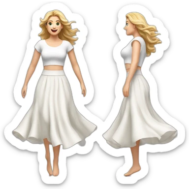 Hyperrealistic Full body Caucasian curvy beauty jumping white skirt back and front views strong wind sticker