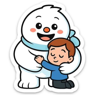 Make the kid much smaller while being hugged by the Abominable Snowman, keep the background transparent. The style should resemble the original image's look and feel. sticker
