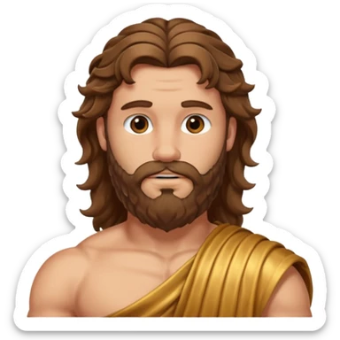 Hercules from The Olympians with long brown wavy hair and beard, bronze toga sticker
