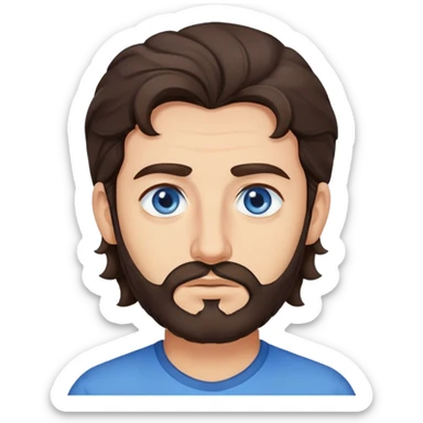 Lebanese man with one blue eye and one brown eye, dark brown longish wavy hair, light beard, closed mouth, kind expression, blue shirt sticker