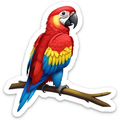 cinematic-macaw-realistic-full-body-standing-emoji,-vibrant-feathers-glowing-with-rich-reds,-blues,-and-yellows,-head-tilted-dramatically,-curved-black and white-beak-gleaming,-piercing-dark-eyes-exuding-confidence,-simplified-yet-realistic-focused sticker