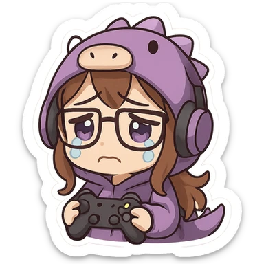 chibi anime style gamer girl with glasses, brown hair, dark purple eyes, wearing a purple dinosaur costume, sad emote, no controller sticker