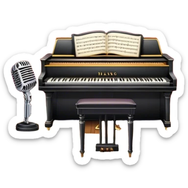 Icon for 50s American Musical Theater: a retro stage with neon lights, a classic microphone on stage, vintage piano, musical notes, vintage theater curtains, and Broadway-style elements. Avoid focusing solely on the piano. Transparent background. sticker