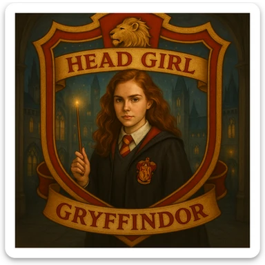 Make this Gryffindor head girl badge more realistic, with a lifelike girl in a Hogwarts uniform, realistic wand, and a detailed lion symbol, keeping the red and gold border and magical school setting. sticker