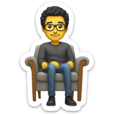 White man with yellow tinted glasses and black hair in a gray jumper and sitting on a chair sticker