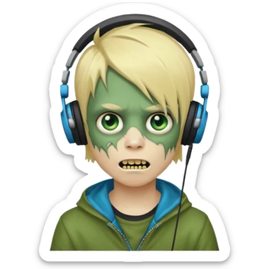boy zombie whit blonde emo hair and eyes blue and GREEN SKIN and heandphones AND A MICROFONE and gold teeth sticker