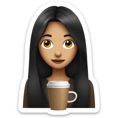 a girl with long black hair drinks coffee sticker