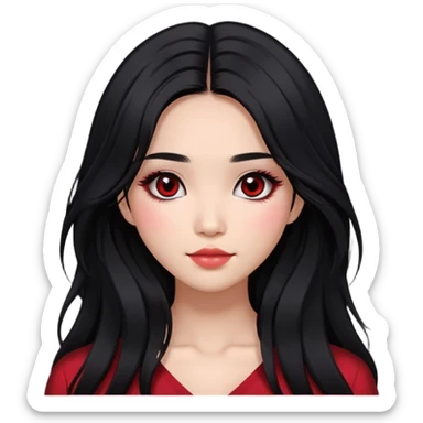 Asian girl with very long shaggy black hair, big dark eyes. middle part hair. long lower lashes, cheekbones with red blush. big dimples. simple dark makeup.  sticker