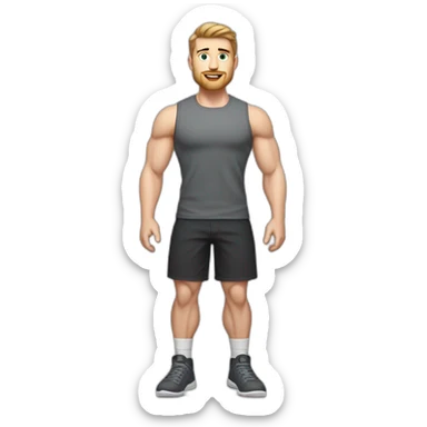 Full height Pale skinned fit man With biceps, Realistic eyes and mouth, light brown hair and stubble In dark gray sleeveless mike, black oversize sports shorts, watch and white sneakers. sticker
