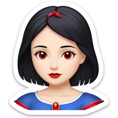 Cinematic Majestic Snow White Portrait Emoji, rendered in a clean, vector-style with bold, simplified shapes. Show Snow White with a serene, noble expression, radiant porcelain skin, and elegantly styled raven hair accented with subtle red highlights, her attire simple yet refined. The design radiates a majestic, pure glow with high shine and a soft glowing outline, embodying classic royal beauty. sticker