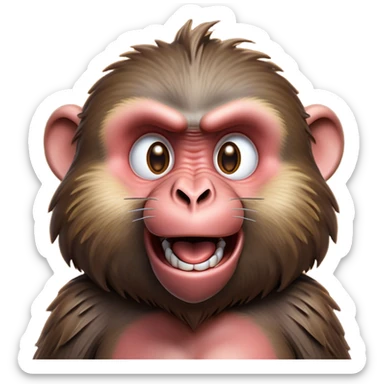 Cinematic Comical Baboon Portrait Emoji, Head tilted dramatically with an exaggeratedly amused expression, featuring a strikingly textured Fur of deep browns with wide, expressive eyes filled with playful disbelief, Simplified yet hilariously expressive features, highly detailed, glowing with a slightly sassy glow, high shine, dramatic yet playful, stylized with an air of cheeky mischief, bright and endearing, soft glowing outline, capturing the essence of a spirited and over-the-top baboon, so meme-worthy it feels like it could chatter its way into internet fame instantly! sticker
