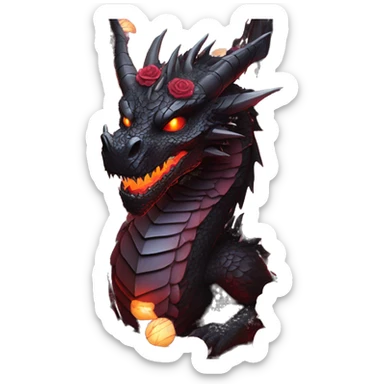 Black dragon breathing red flames, covered in thorned roses, surrounded by lanterns candles and fairy lights sticker