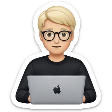 memoji of a man with a laptop in front, apple-style,modern,fair hair,black with oval pair of glasses sweater,computer in hand,sitting on his desk sticker