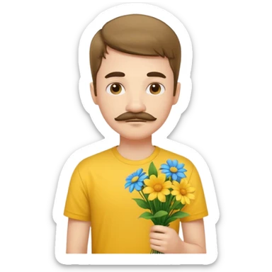 generate an ios genmoji of a 20 year old fair boy with 3 mustache hair. should look like he cant grow a mustache., carrying a flower bouquet, wearing a yellow tshirt, looking shy sticker