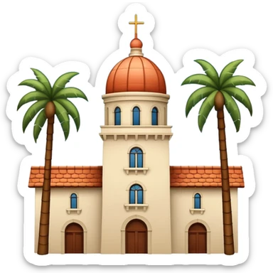 California Building with tile-domed roof and California Tower in San Diego, including palm trees, simple apple style emoji, white background, no text, inspired by reference photo sticker