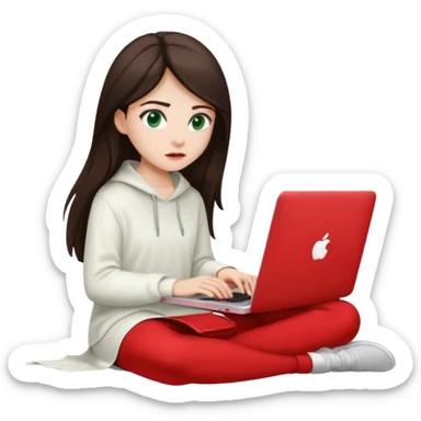 Long dark brown haired, white skinned, dark green eyed girl in white clothes girl sitting in macbook with a red case and watching to macbook sticker