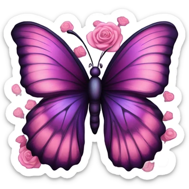 Aesthetic butterfly with purple and pink wings sitting on a dark purple bouquet of Roses in a pastel pink vase sticker
