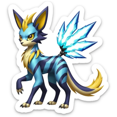 Shiny colorful exotic Feral Scaly Striking Slaying Badass Evil Handsome Lightning-patterned Zig-zagged buzzy fuzzy Meloetta-Renamon-Luxray-Cobalion-Suicune-Vernid-fusion-hybrid-creature, full body  sticker