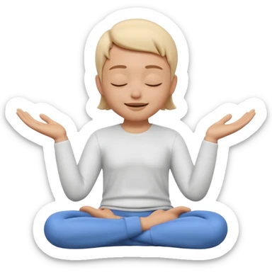 Apple Memoji style 3D character, male/female, eyes closed with a peaceful serene smile, hands making a 'zen' or 'relax' gesture, soft studio lighting, high resolution, 4k, octane render, clean 3D clay texture, vibrant colors, isolated on a plain white background." sticker