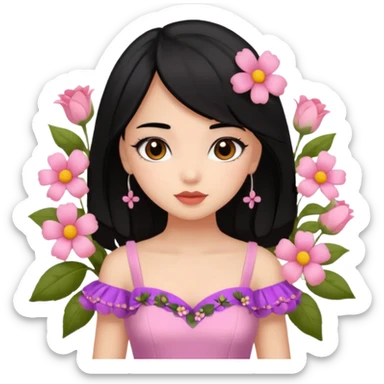 Pretty cute girl wearing a coquette dress, black hair with cute flowers, brown eyed sticker