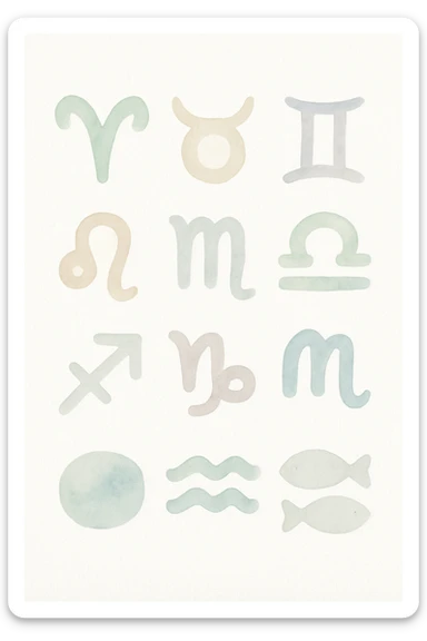 zodiac sign icons, watercolor art style, soft colors, artistic brush strokes sticker