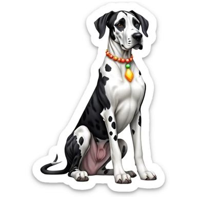cinematic-[harlequin great dane]-realistic-full-body-sitting-emoji,-tail-resting-loosely-beside-its-paws,-head-tilted-dramatically, ears drooped, -sleek-[black and white]-fur,-simplified-yet-realistic-focused-features,-highly-detailed,-glowing-with-an-almost-sarcastic-glow sticker