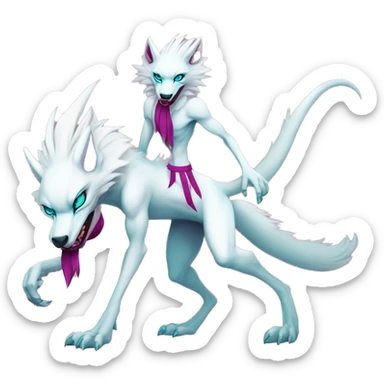 White elegant beautiful natural cute badass epic anthro modern albino sergal-vernid-Fakémon with cyan mane and magenta eyes with cyan edgy stripes, anthropomorphic, two-legged, digitigrade, full body sticker