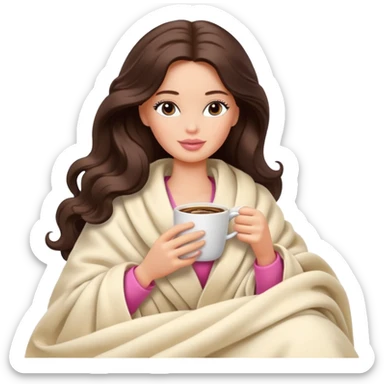 Barbie girl with a long wavy dark brown hair inside a cream blanket sipping coffee eyes closed sticker