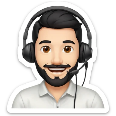 Very happy excited grinning man with black hair, brown eyes, black beard wearing a gaming headset sticker
