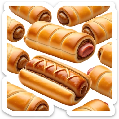Cinematic Realistic Sausage Roll Dish Emoji, depicted with a crisp, golden pastry wrapped around flavorful sausage, rendered with detailed textures and appetizing lighting. sticker